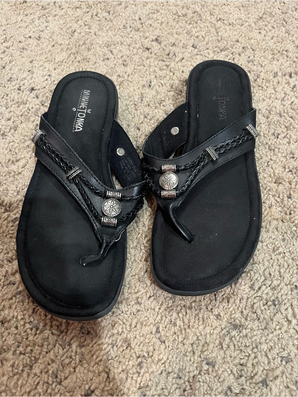 Minnetonka Black Braided Toe-Post Sandals with Silver Accents